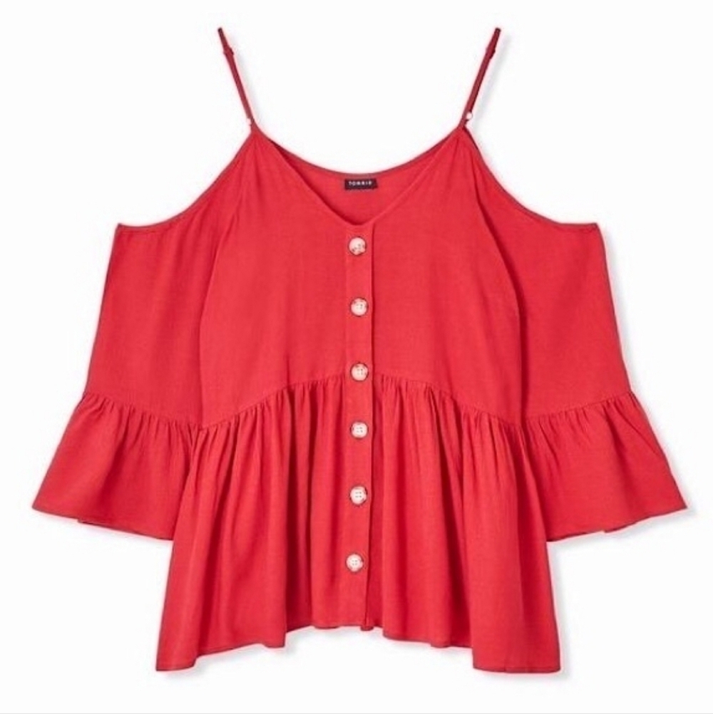 Torrid Women's Red Button-Down Top Cold Shoulder Top Size O (XL)